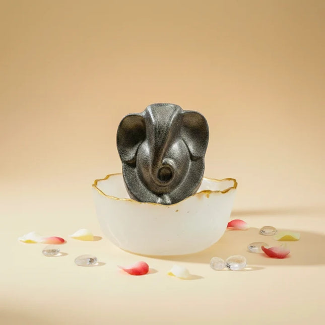 Pyrite Ganesha Ji & Selenite Bowl with 7 Horses Frame