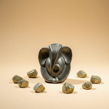 Pyrite Ganesha Ji & Selenite Bowl with 7 Horses Frame