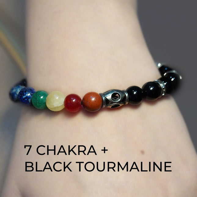 7 Chakra + Black Tourmaline Bracelet – Energy Protection & Balance