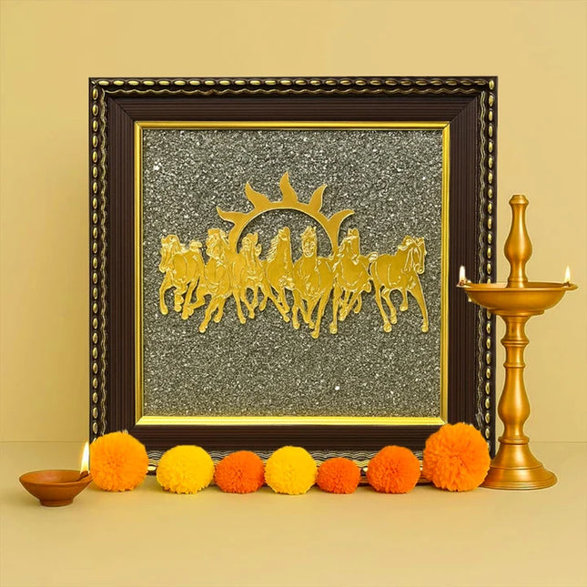 Pyrite Ganesha Ji & Selenite Bowl with 7 Horses Frame