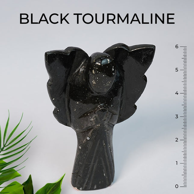 Black Tourmaline Angel 6 inch – Hand-Carved Crystal Guardian for Protection, Grounding & Energy Purification