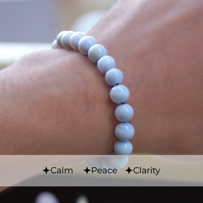 Blue Lace Agate Beads Bracelet – Calming Sky‑Blue Chalcedony on Comfortable Elastic