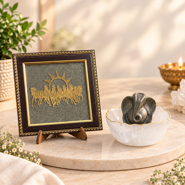 Pyrite Ganesha Ji & Selenite Bowl with 7 Horses Frame
