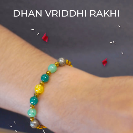 Dhan Vriddhi Rakhi – Abundance & Prosperity Rakhi with Pyrite, Green Aventurine, Green Jade & Citrine Crystals