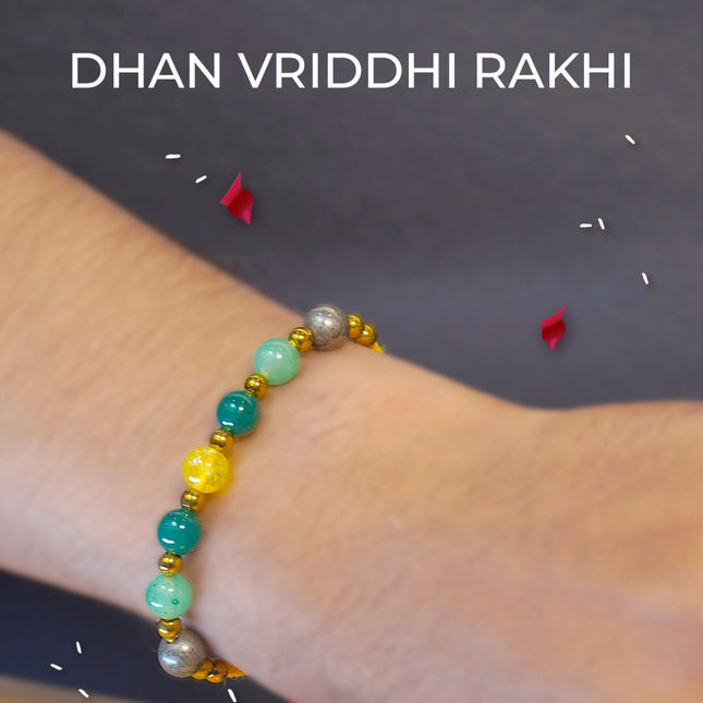 Dhan Vriddhi Rakhi – Abundance & Prosperity Rakhi with Pyrite, Green Aventurine, Green Jade & Citrine Crystals