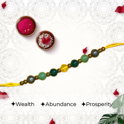 Dhan Vriddhi Rakhi – Abundance & Prosperity Rakhi with Pyrite, Green Aventurine, Green Jade & Citrine Crystals