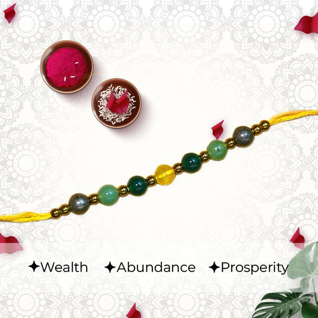 Dhan Vriddhi Rakhi – Abundance & Prosperity Rakhi with Pyrite, Green Aventurine, Green Jade & Citrine Crystals