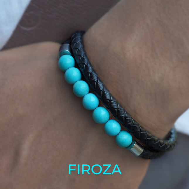 Firoza Leather Bracelet - Handcrafted Gemstone & Leather Accessory for Balance and Protection