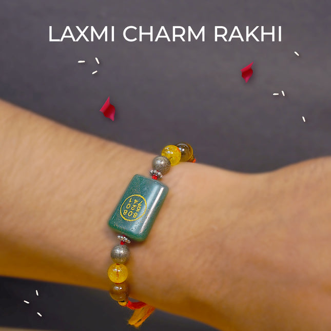 Lakshmi Charm Rakhi – Abundance Rakhi with Tiger’s Eye, Pyrite & Citrine Crystals