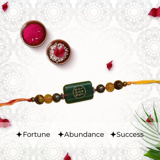 Lakshmi Charm Rakhi – Abundance Rakhi with Tiger’s Eye, Pyrite & Citrine Crystals