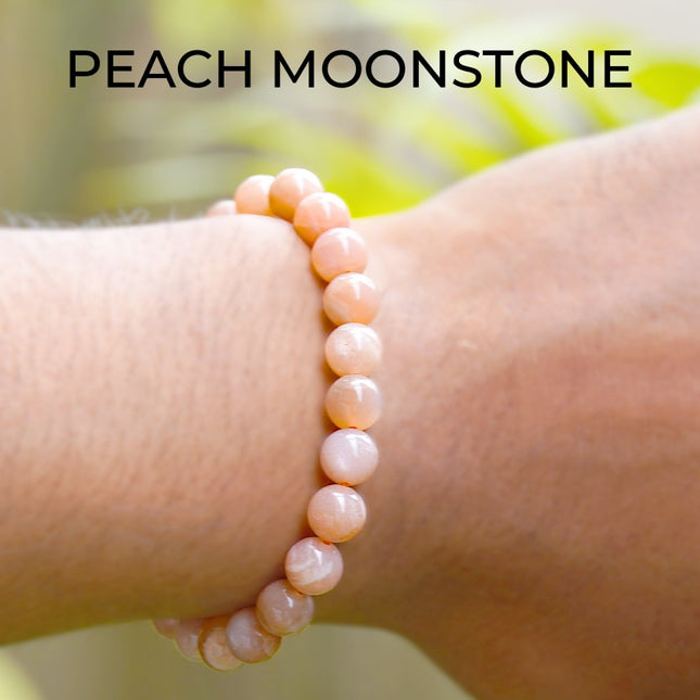 🌙 Peach Moonstone Round Beads Bracelet – Feminine Energy, Emotional Balance & Intuition