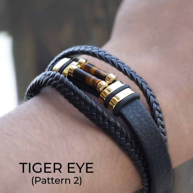 Tiger Eye Leather Bracelet - Pattern 2