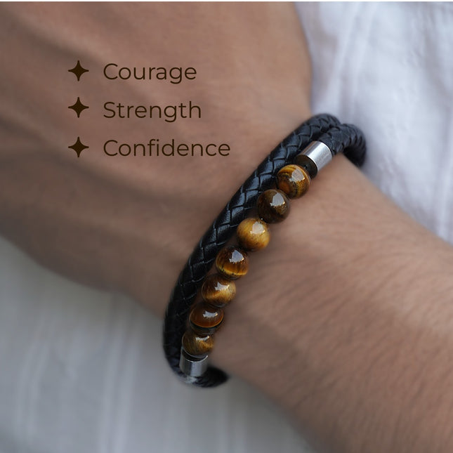 Tiger Eye Leather Bracelet – Strength, Courage & Grounding